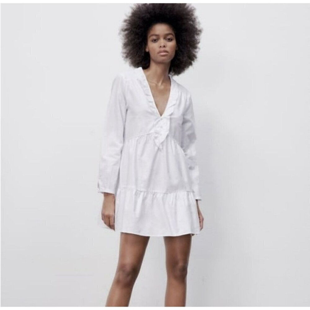 NWT ZARA White Cotton Ruffle Oxford Dress size Large V Neck Button Detail